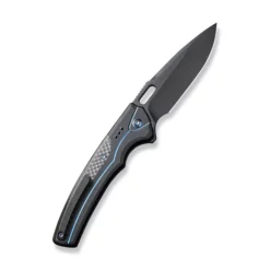 WE Knife Exciton Black Titanium With Twill Carbon Fiber Integral Spacer -outdoor knives sale weknife exciton flipper button lock knife black titanium handle with twill carbon fiber integral spacer 368 black stonewashed bevels black brushed flats cpm 20c 302347 500x