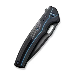 WE Knife Exciton Black Titanium With Twill Carbon Fiber Integral Spacer -outdoor knives sale weknife exciton flipper button lock knife black titanium handle with twill carbon fiber integral spacer 368 black stonewashed bevels black brushed flats cpm 20c 809952 500x